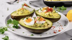 A beautifully styled breakfast table featuring avocado toast topped with poached eggs, fresh avocados, eggs in a basket, and coffee, set in a rustic kitchen.