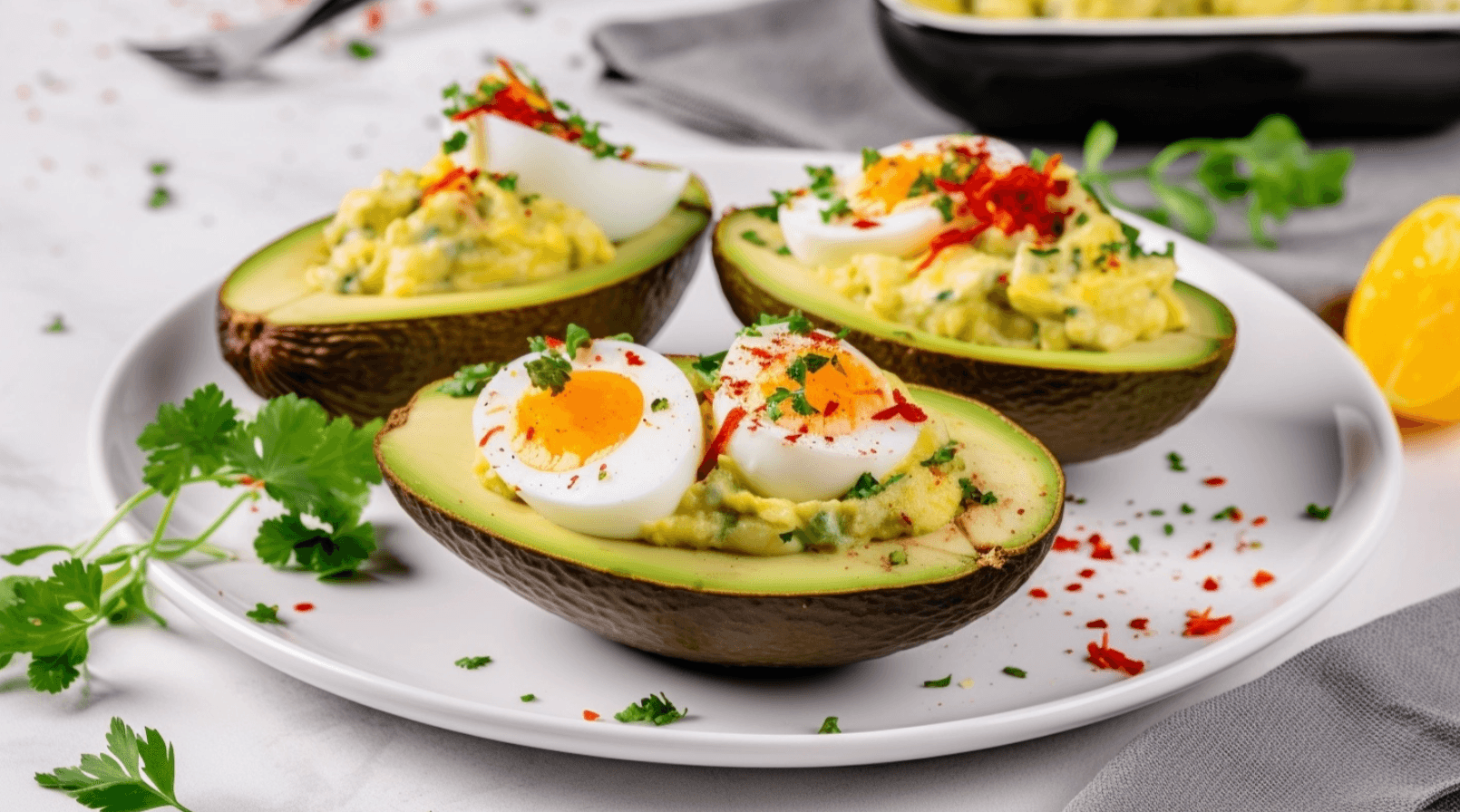A beautifully styled breakfast table featuring avocado toast topped with poached eggs, fresh avocados, eggs in a basket, and coffee, set in a rustic kitchen.