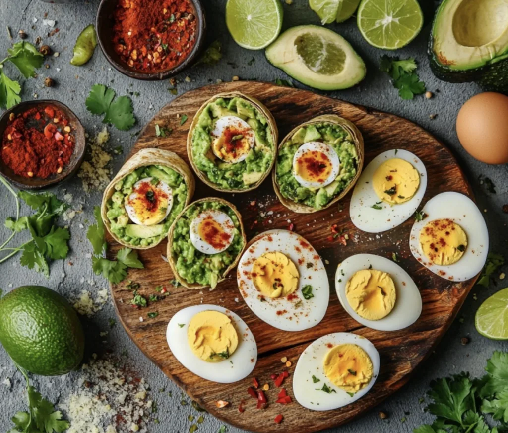 A colorful spread of dishes featuring eggs and avocado, including avocado wraps, egg sandwiches, and deviled eggs with avocado, arranged on a wooden board.