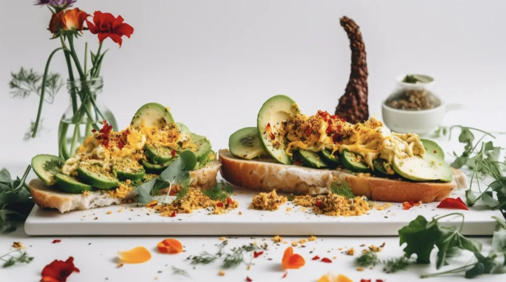 Close-up of baked avocado egg boats, scrambled eggs with avocado slices, and avocado toast with poached eggs, styled with garnishes and vibrant presentation.