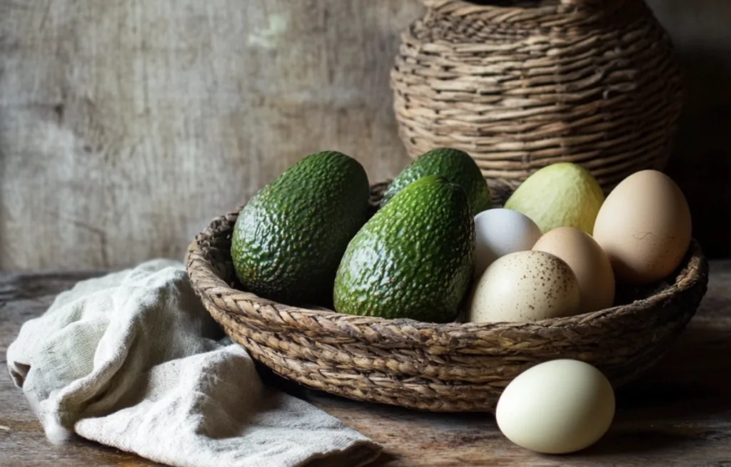 A farmer’s market display of ripe avocados in a basket and fresh eggs with clean shells, photographed on a rustic wooden table.
