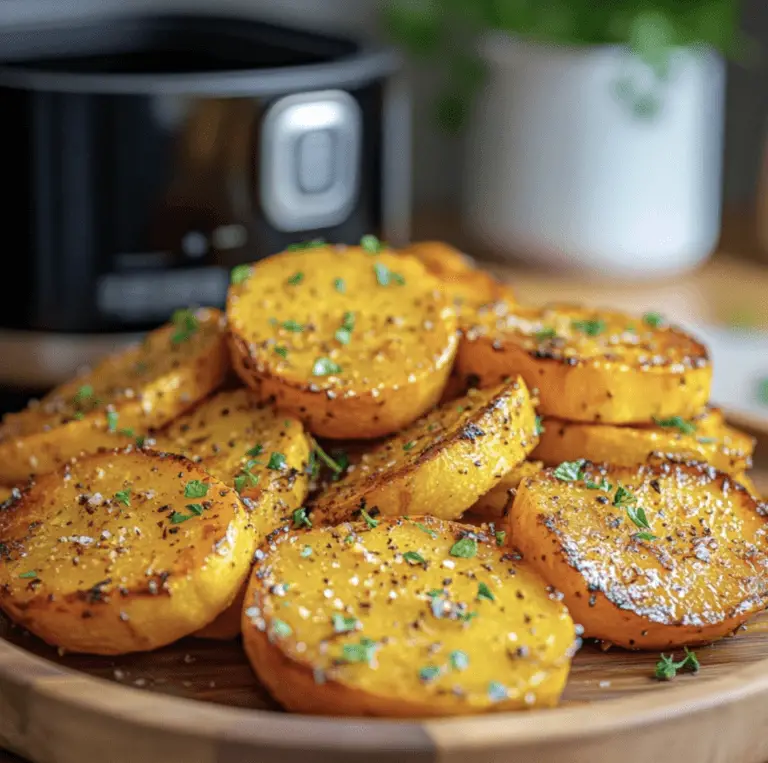 Crispy and golden air-fried squash slices on a wooden plate with herbs.