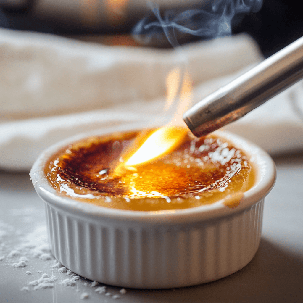 A close-up of a kitchen torch caramelizing sugar on a crème brûlée in a white ramekin.