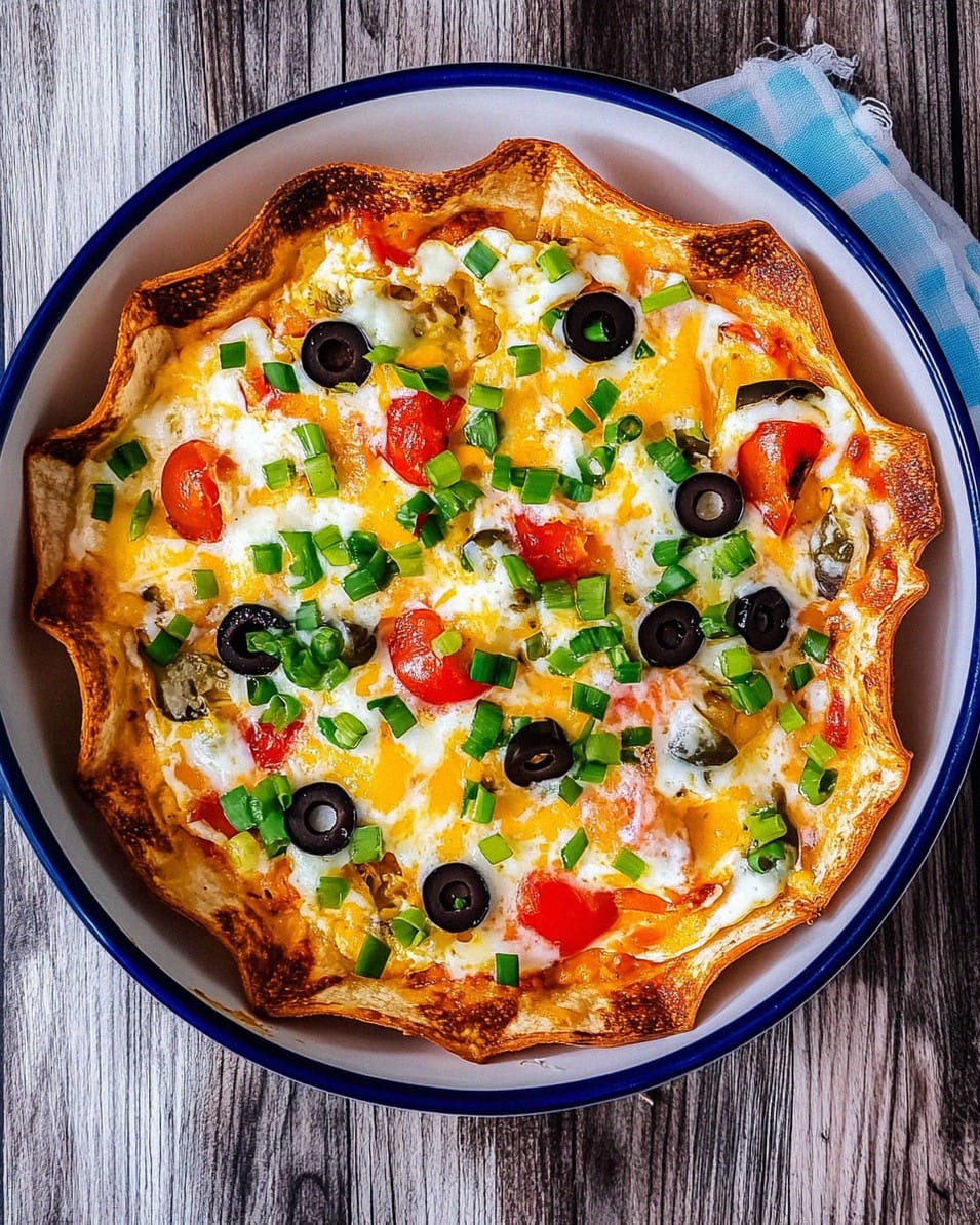 Freshly baked breakfast tortilla quiche with golden edges in a round ceramic dish with eggs, cheese, and vegetables