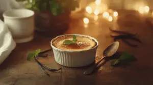 A perfectly caramelized crème brûlée served in a white ramekin with a vintage spoon and fresh vanilla beans on a rustic wooden table.