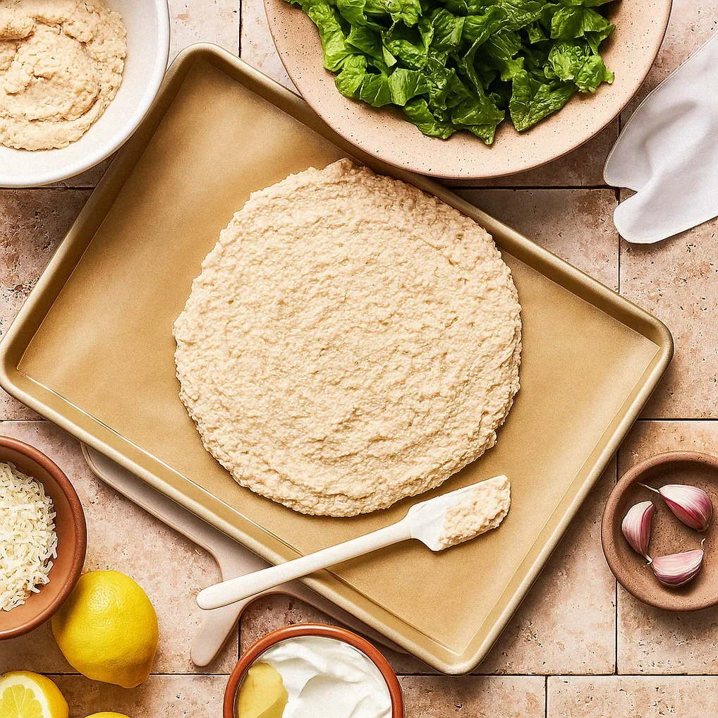 Preparing the viral chicken crust caesar salad pizza