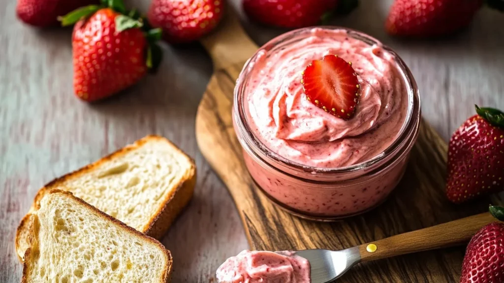 A creamy dish of homemade strawberry butter with toast and fresh strawberries.