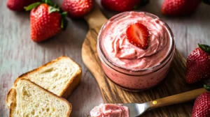 A creamy dish of homemade strawberry butter with toast and fresh strawberries.